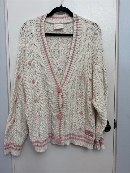 Taylor Swift Sweaters - Taylor Swift Lover Cream Cardigan with Pink Hearts